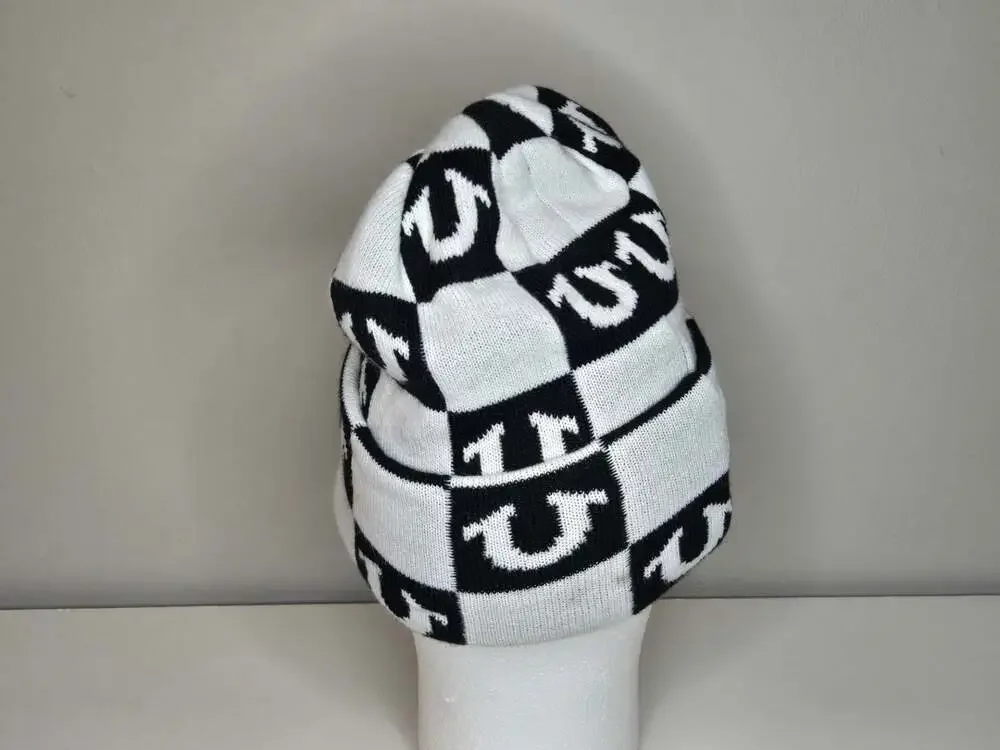 True Religion Black and White Checkerboard Logo Cuffed Beanie Knit Cap